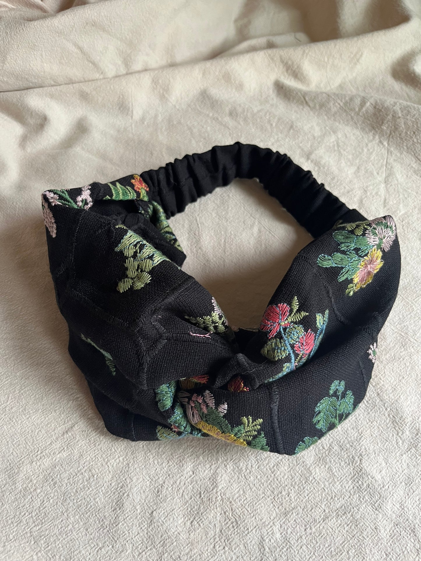 Embroidered black floral headband