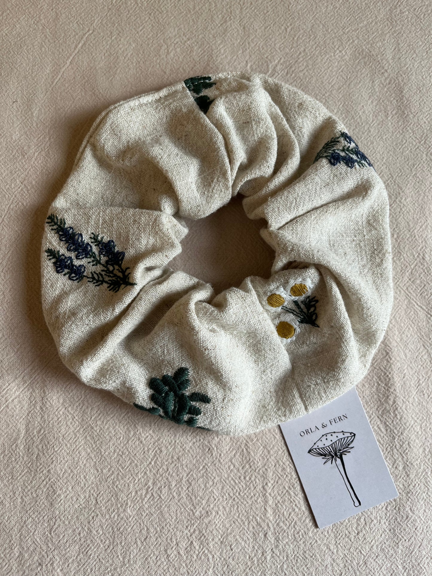 Embroidered Linen floral scrunchie