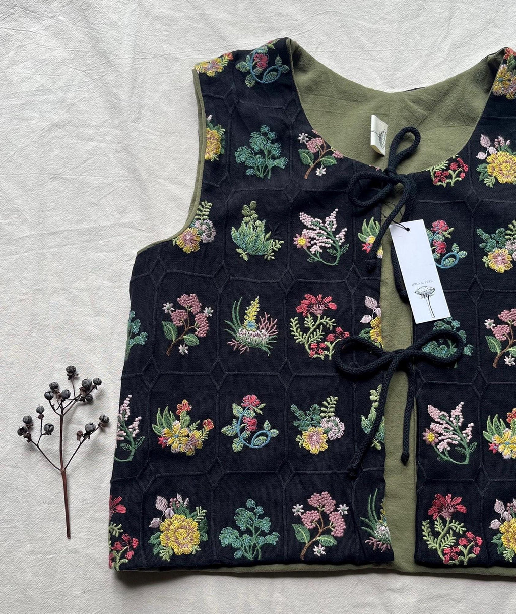 Embroidered tie front vest