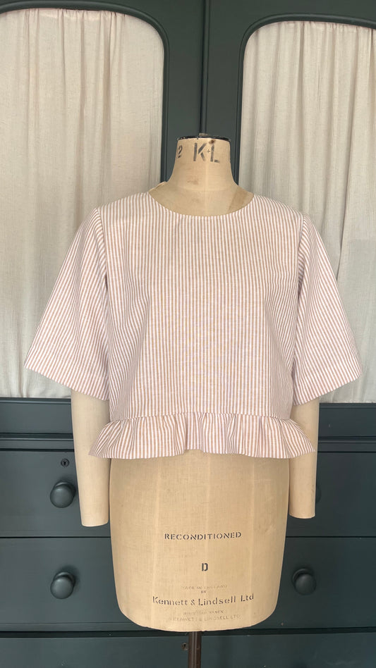 Hetty frill top | peach linen stripe