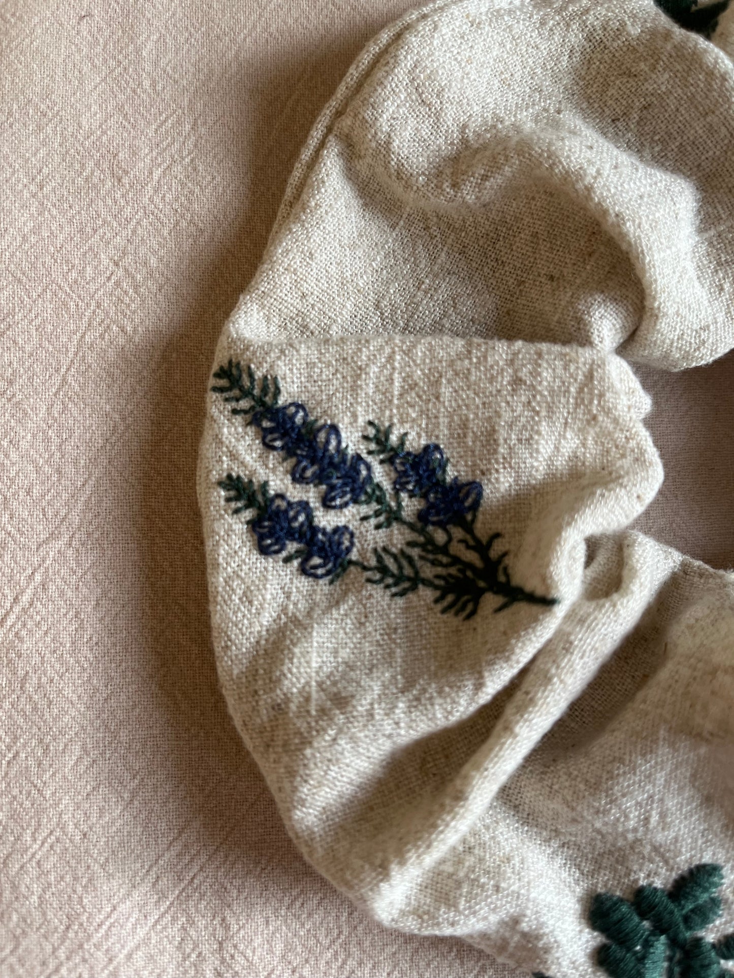Embroidered Linen floral scrunchie