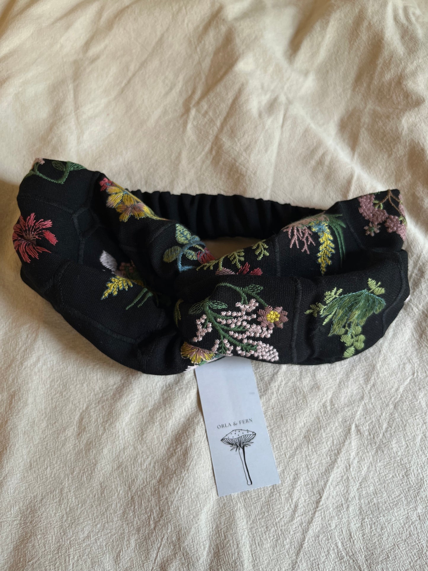 Embroidered black floral headband