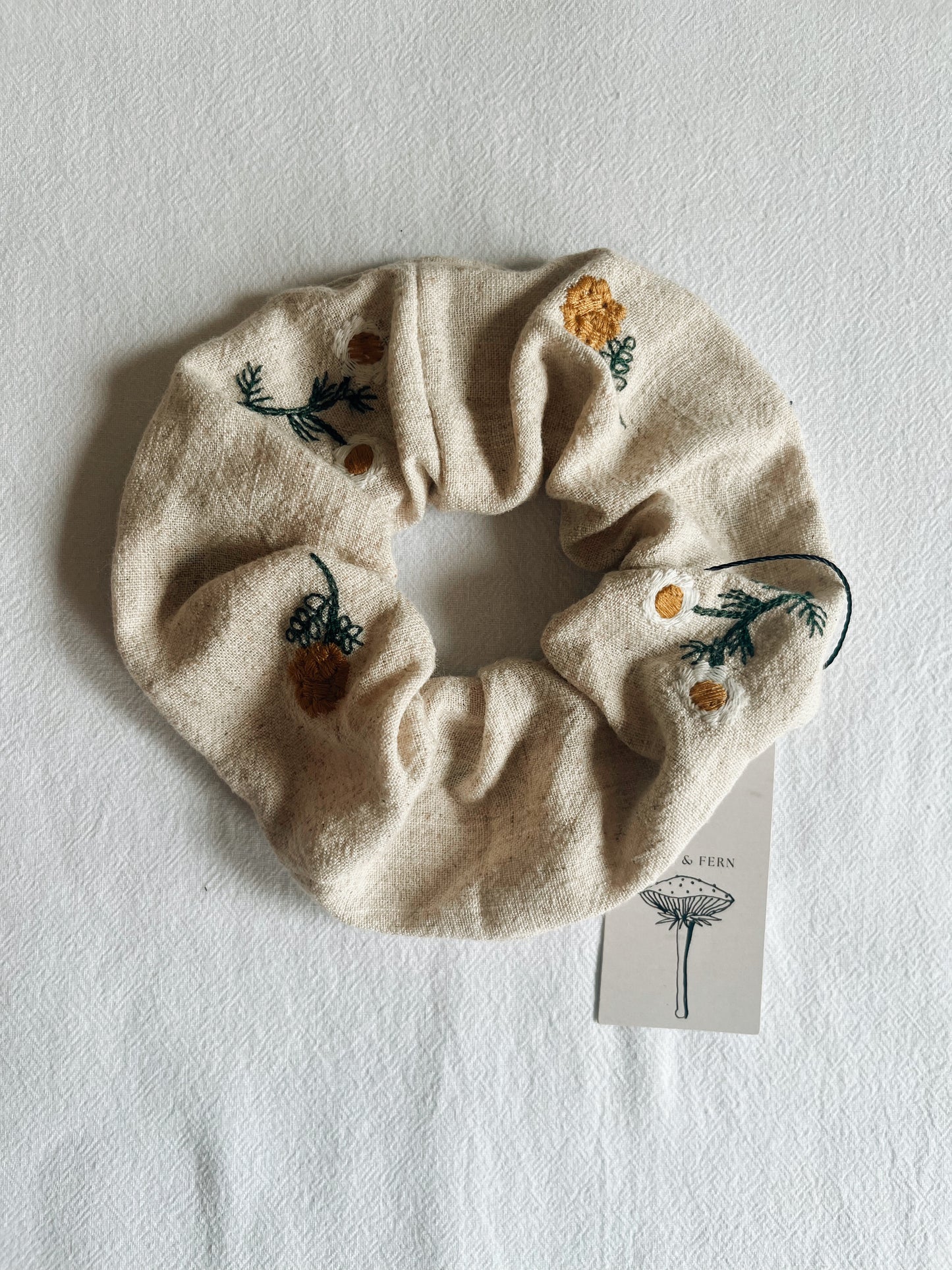 Embroidered Linen floral scrunchie