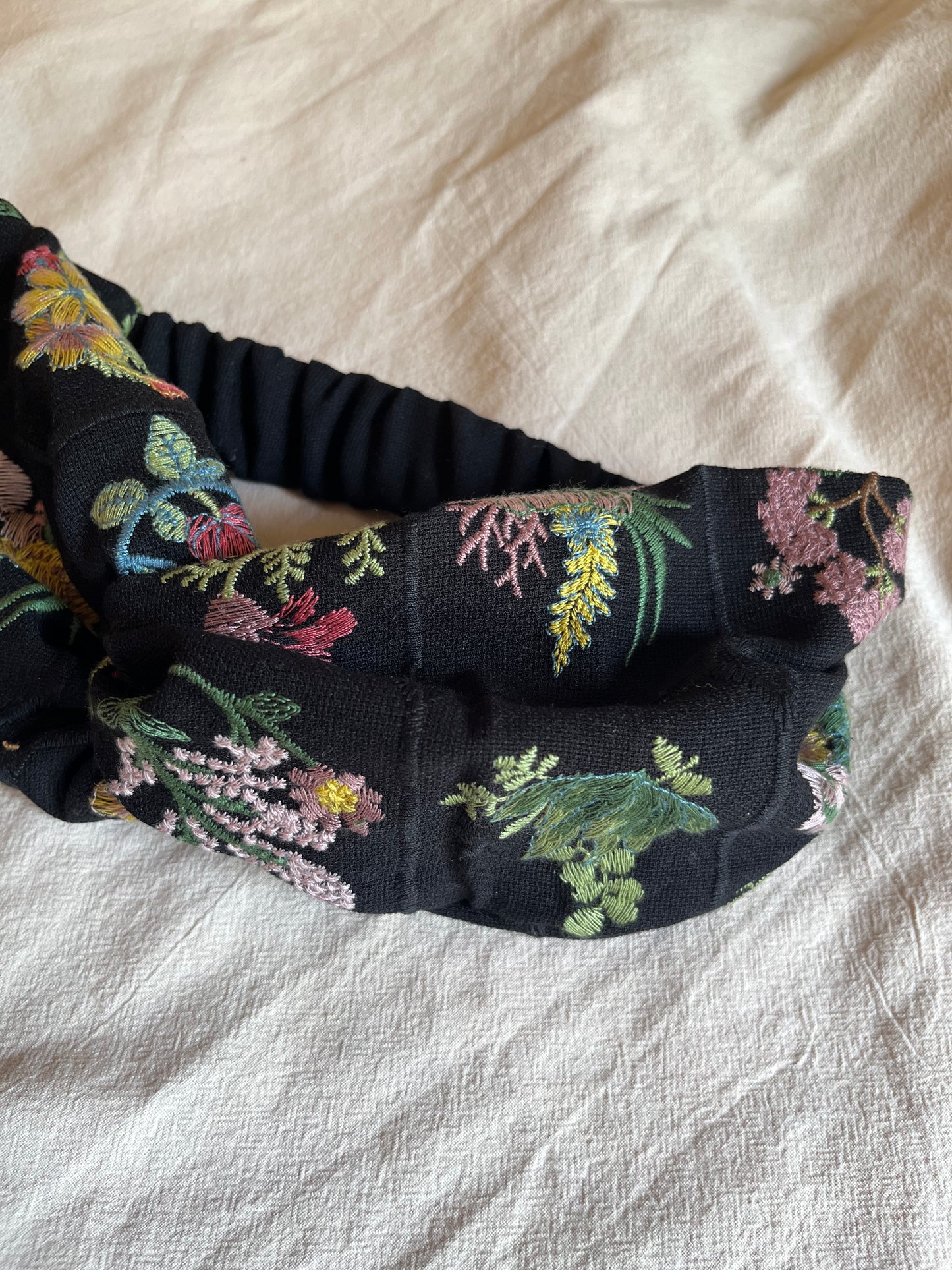 Embroidered black floral headband