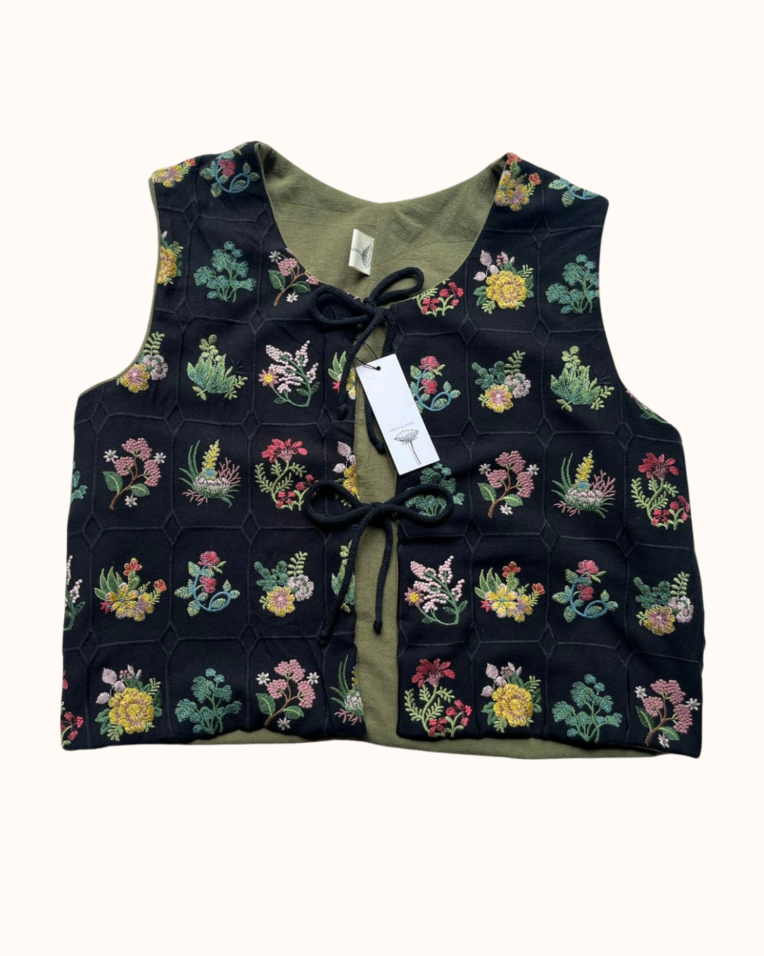 Embroidered tie front vest