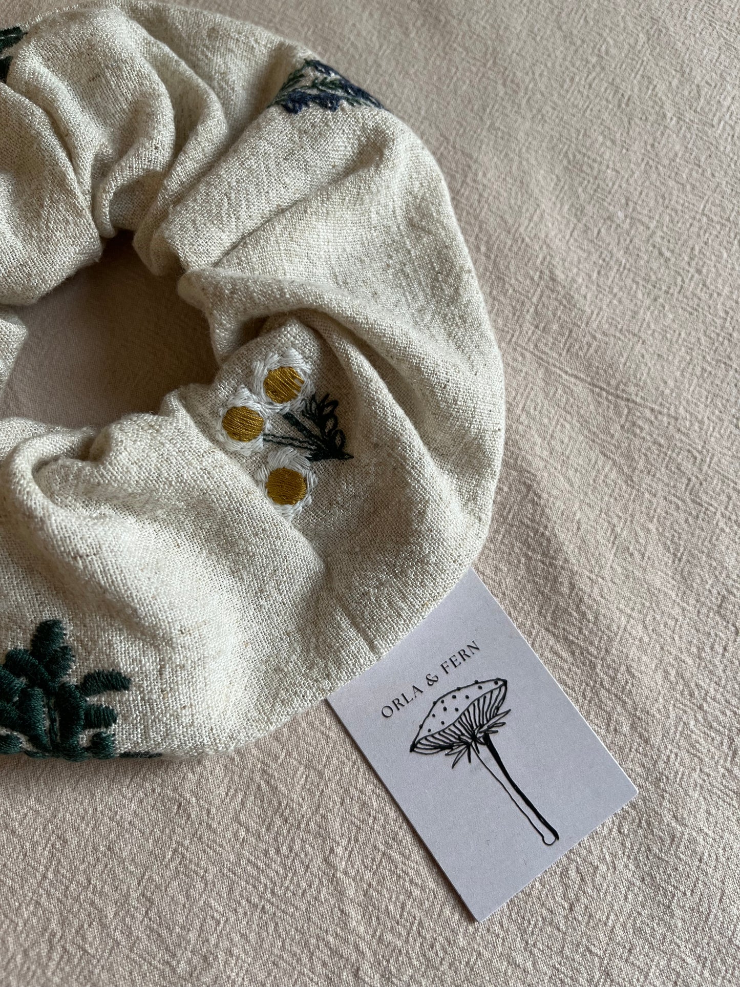 Embroidered Linen floral scrunchie