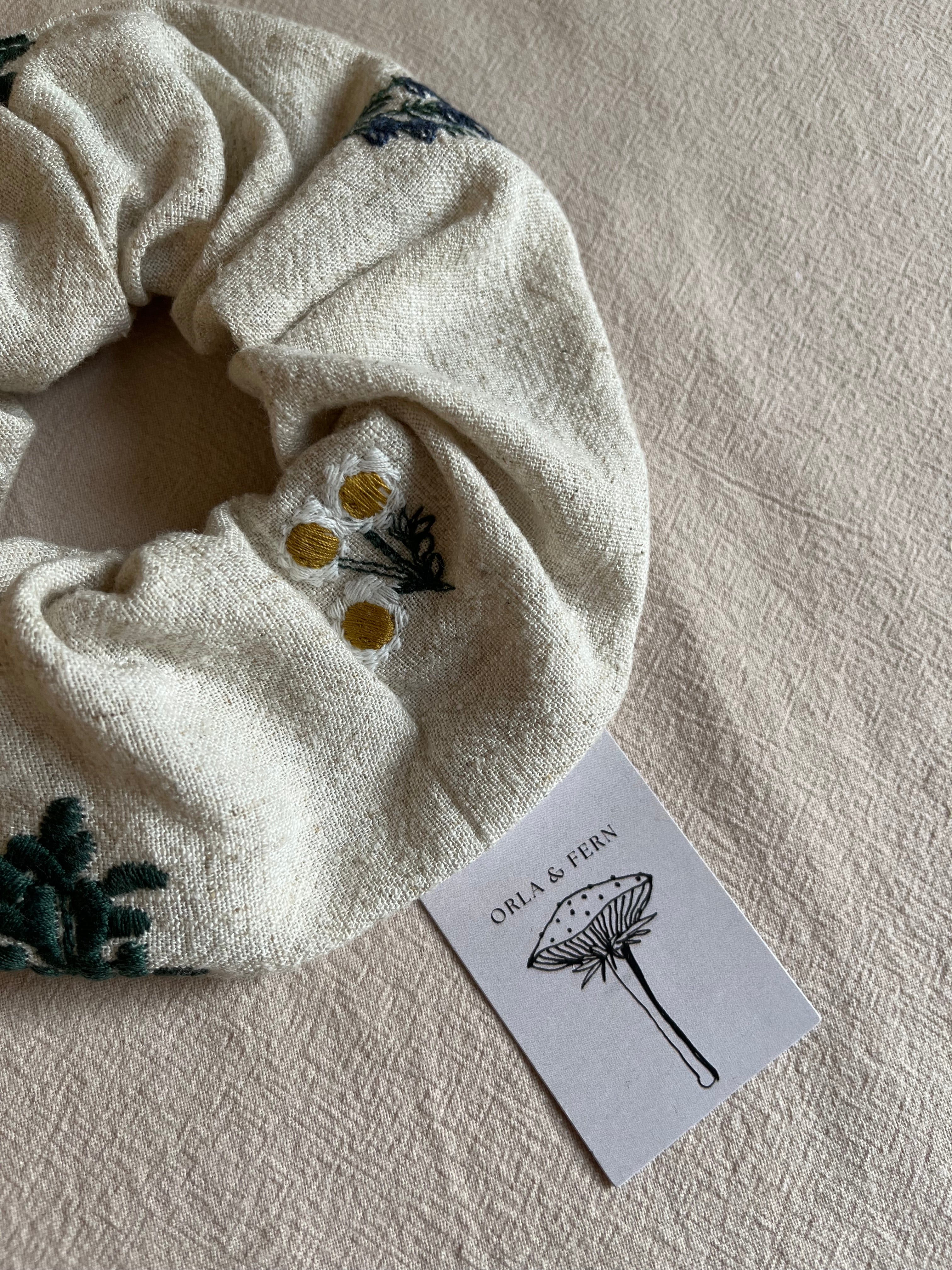 Embroidered Linen floral scrunchie