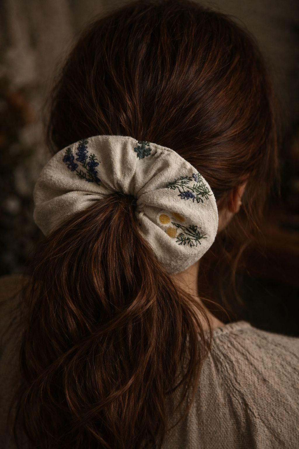 Embroidered Linen floral scrunchie