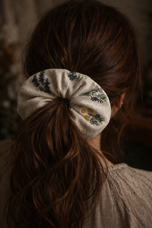 Embroidered Linen floral scrunchie