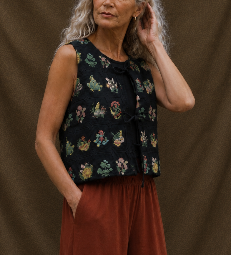 Embroidered tie front vest