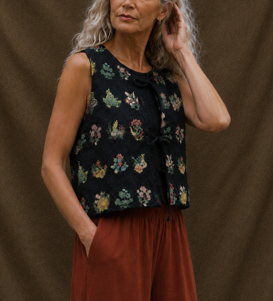 Embroidered tie front vest